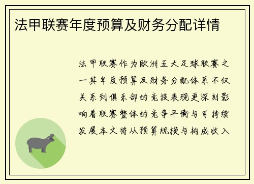 法甲联赛年度预算及财务分配详情